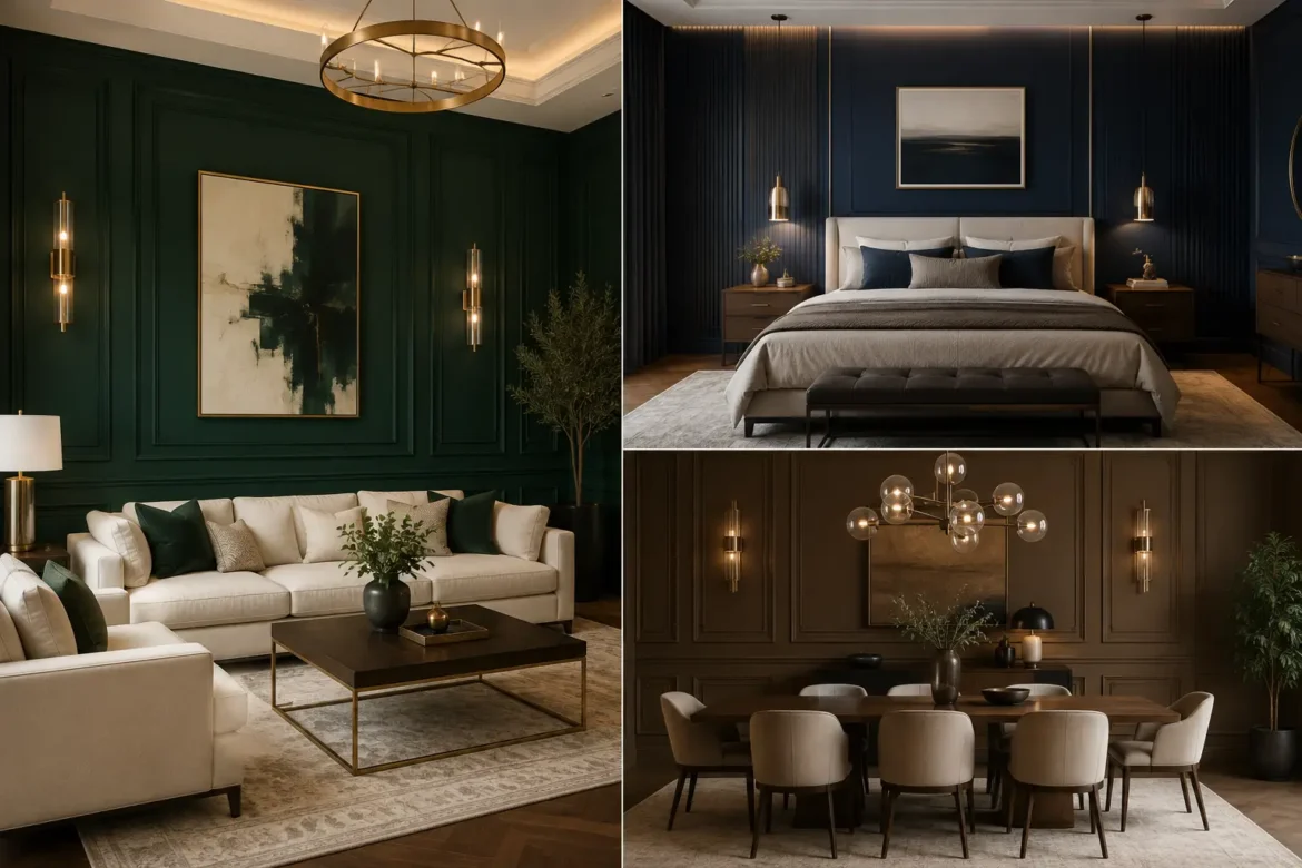 Luxury accent wall colors ideas featured in a sophisticated interior collage with deep emerald green, midnight navy, and rich chocolate brown walls across elegant living room, bedroom, and dining room designs, showcasing paneled walls, warm brass lighting, neutral furniture, dark wood finishes, and high end modern decor.