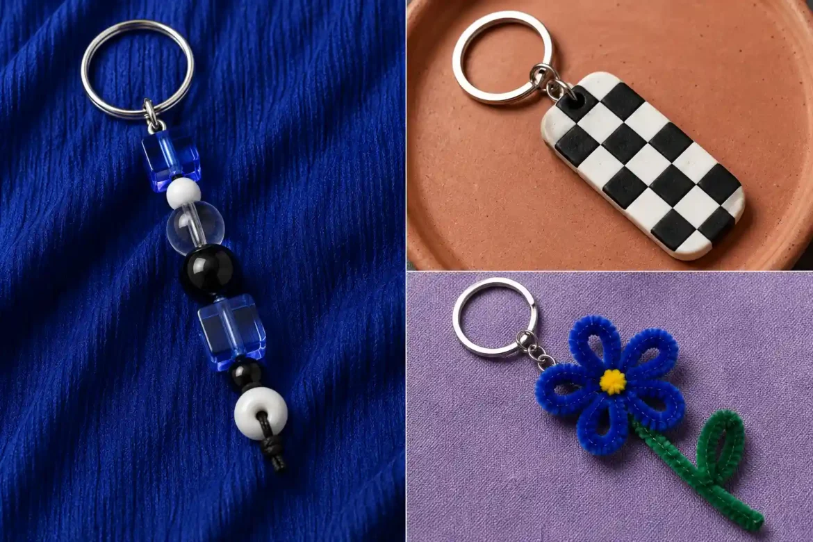 A stylish DIY Keychain Ideas collage featuring three handmade keychain ideas, including a modern blue and clear bead keychain, a black and white checkerboard clay keychain, and a bright blue pipe cleaner flower keychain with a yellow center and green stem, arranged in a bold three-panel composition with detailed textures and polished silver keyrings.