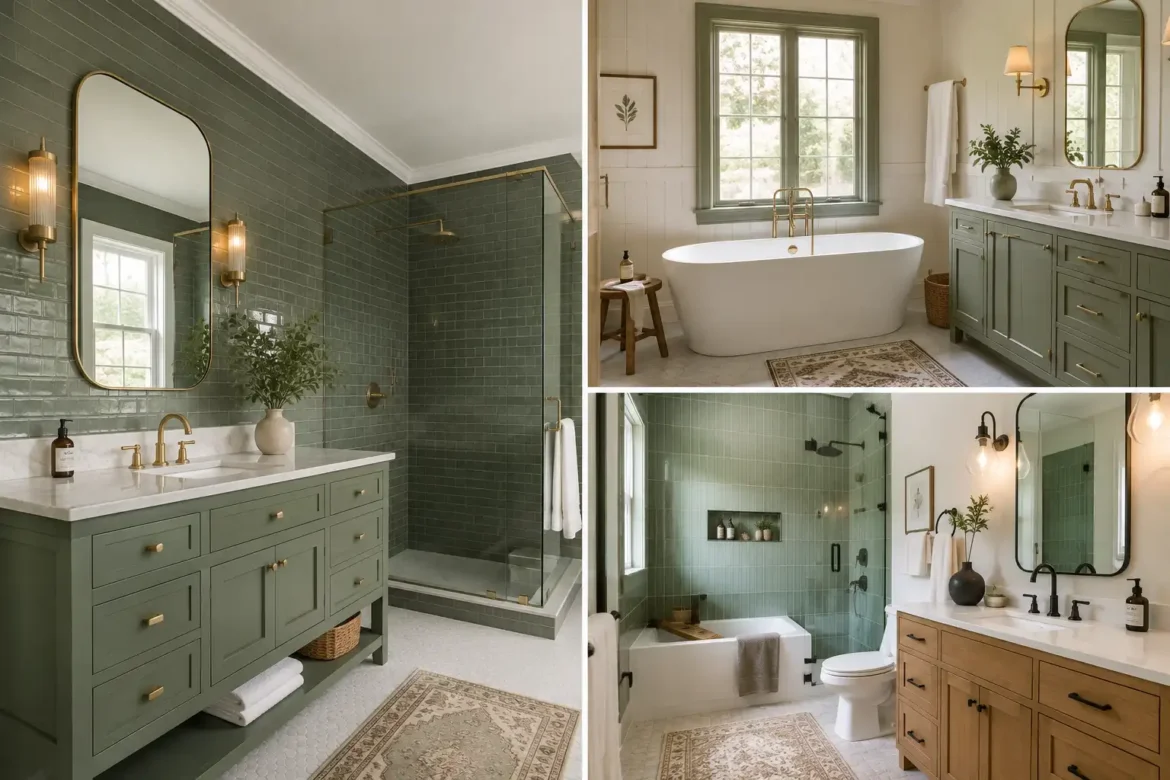 Premium sage green bathroom ideas collage featuring three distinct modern bathroom interiors, including a deep sage green tiled walk-in shower with a natural oak vanity and brass fixtures, a sophisticated sage green bathroom with a freestanding white bathtub and painted green vanity, and a light sage green tiled bathroom with a white bathtub, natural wood vanity, black fixtures, rounded mirrors, warm brass accents, neutral flooring, greenery, and soft natural lighting. The collage showcases multiple sage green bathroom ideas with realistic residential interiors, elegant neutral finishes, natural wood textures, glass shower enclosures, and refined modern decor.