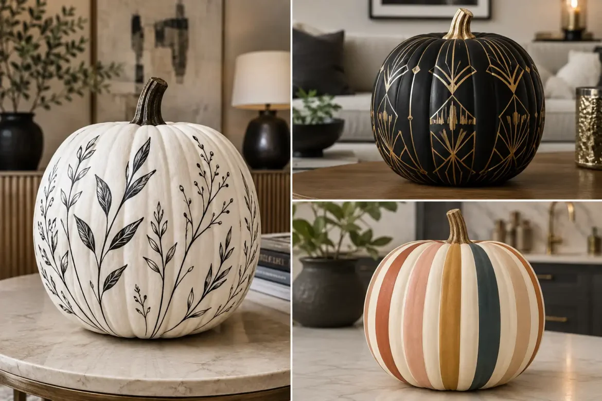 A modern pumpkin painting Ideas collage featuring three stylish fall decor ideas: a large ivory pumpkin with delicate black botanical line art, a matte black pumpkin with elegant champagne gold Art Deco patterns, and a colorful pumpkin with contemporary vertical stripes in terracotta, blush, mustard, deep teal, and ivory, displayed in sophisticated modern interiors.