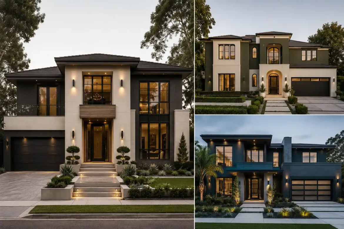 Luxury modern outdoor paint colors collage featuring three sophisticated contemporary houses, including warm greige and charcoal, deep olive green and cream, and deep blue green with dark architectural accents, large black framed windows, modern entrances, manicured landscaping, concrete driveways, and upscale 2026 exterior design inspiration.