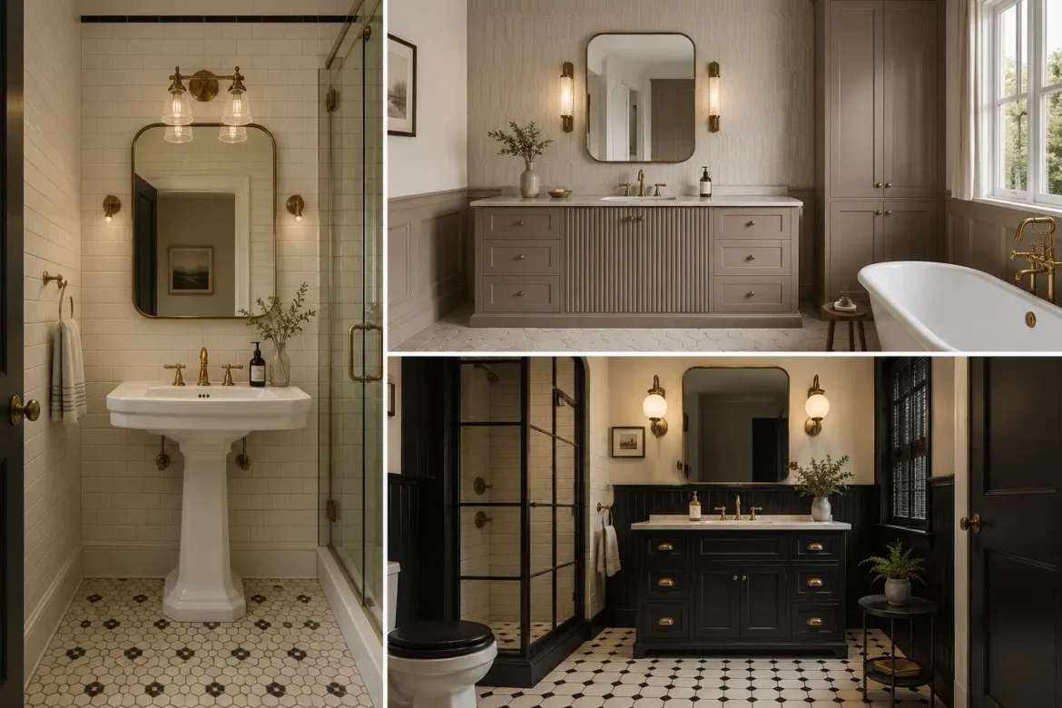 Modern vintage bathroom ideas collage featuring three elegant bathroom designs with warm cream subway tile, classic pedestal sink, fluted taupe vanity, black traditional vanity, antique brass fixtures, rounded mirrors, geometric floor tile, paneled walls, freestanding bathtub, and sophisticated timeless bathroom decor.