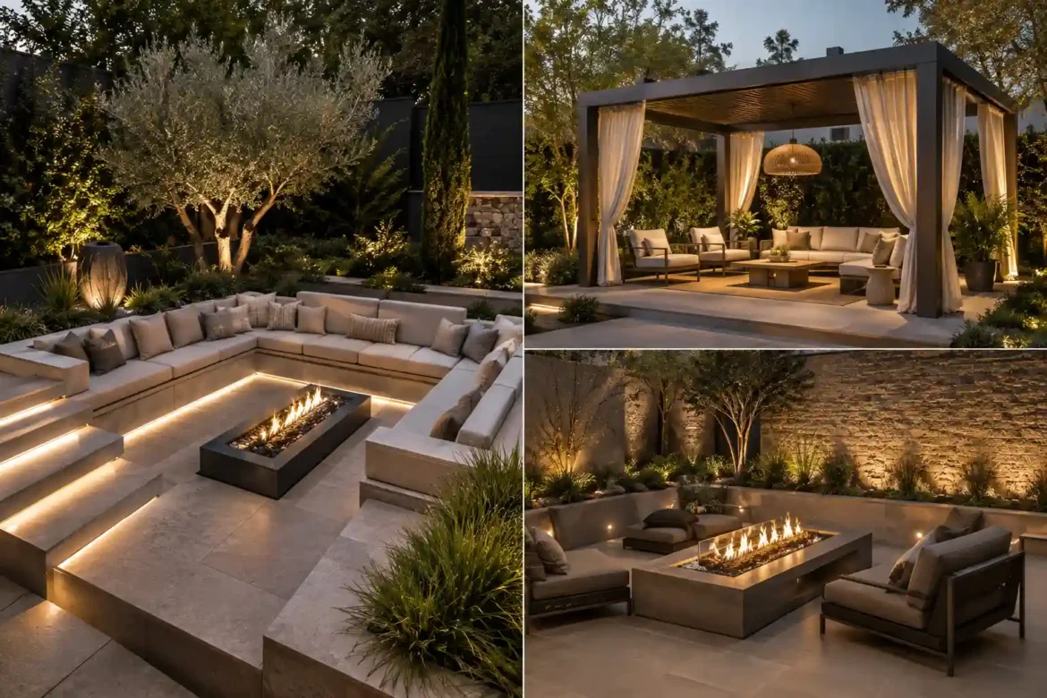 Dreamy modern backyard decor Ideas collage featuring a sunken conversation lounge with cream sectional seating and a glowing fire pit, an elegant pergola with flowing curtains and outdoor furniture, warm landscape lighting, lush greenery, mature trees, neutral stone paving, and a cozy fire pit seating area designed for stylish outdoor living.