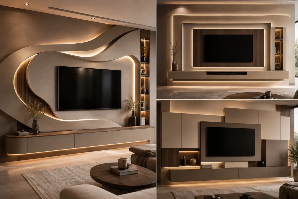 Architectural TV wall ideas featuring three statement media wall designs with sculptural 3D curves, layered illuminated frames, geometric built in panels, warm concealed lighting, floating storage, wood accents, and sleek mounted TVs for stylish modern interiors.
