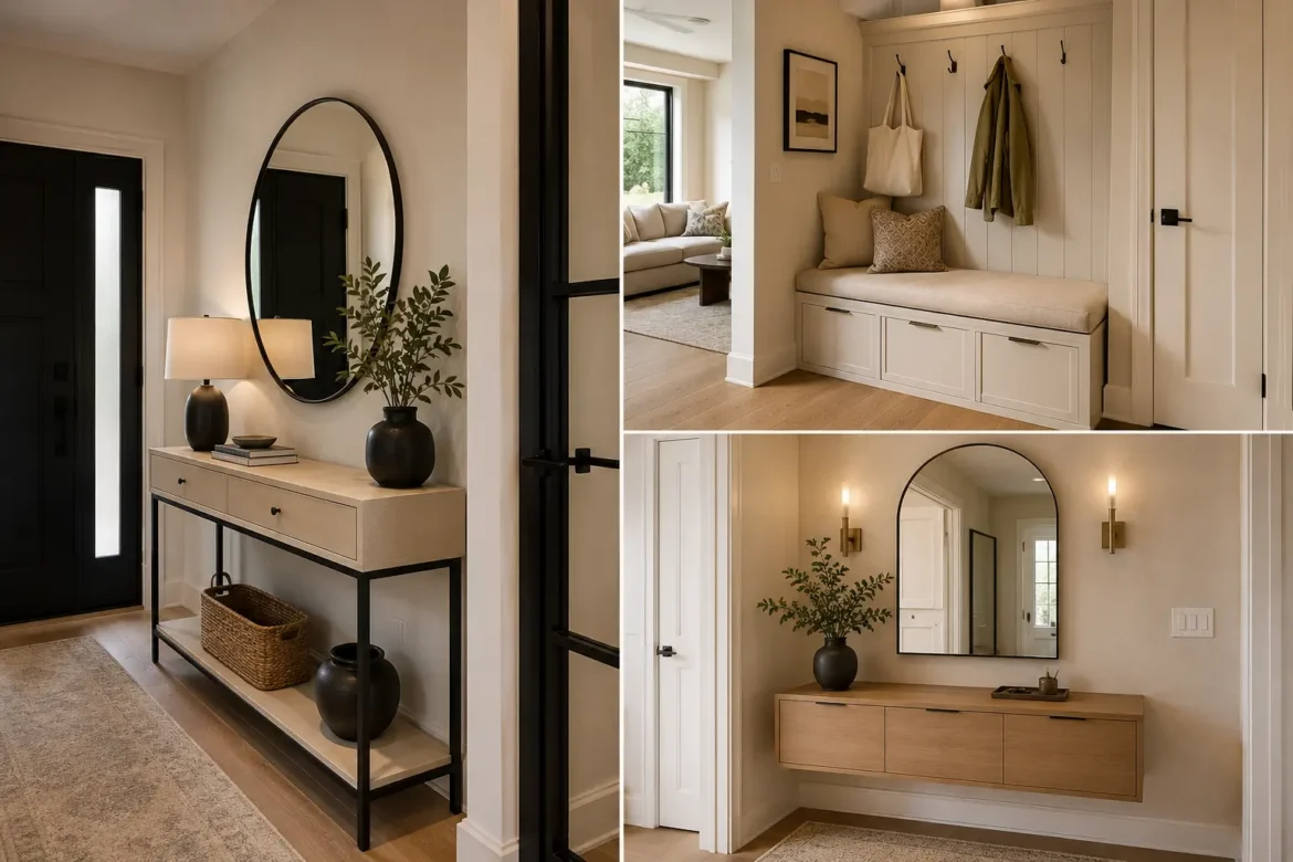 Modern small entryway ideas collage featuring three stylish contemporary entrance designs, including a slim cream console with black metal framing and a large round mirror, a built in entryway bench with closed storage and wall hooks, and a floating natural wood storage cabinet with an arched mirror. The interiors feature warm neutral walls, light oak flooring, elegant lighting, ceramic decor, practical storage solutions, woven baskets, and sophisticated modern entryway styling for compact homes.