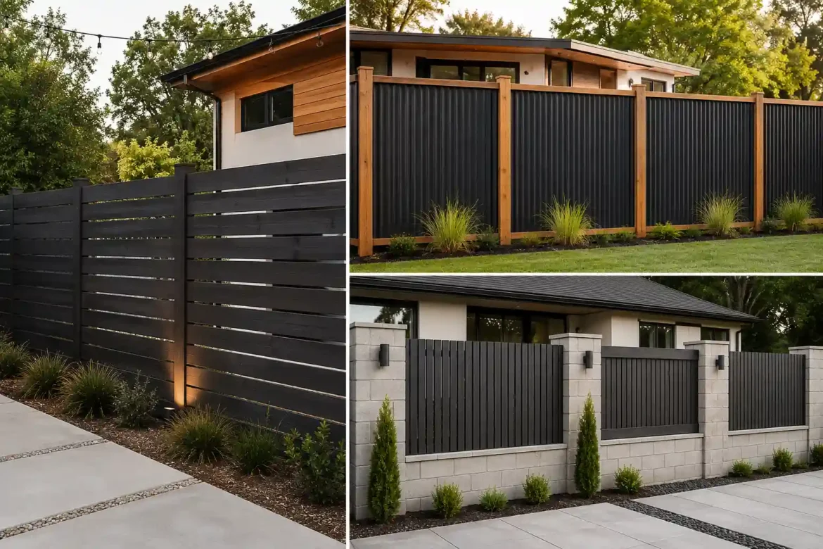 Modern cheap fence ideas collage featuring three stylish contemporary backyard privacy fence designs, including a black horizontal slat fence, corrugated metal fence with natural wood posts, and black vertical slat fencing with light concrete columns, shown around modern homes and landscaped outdoor spaces.