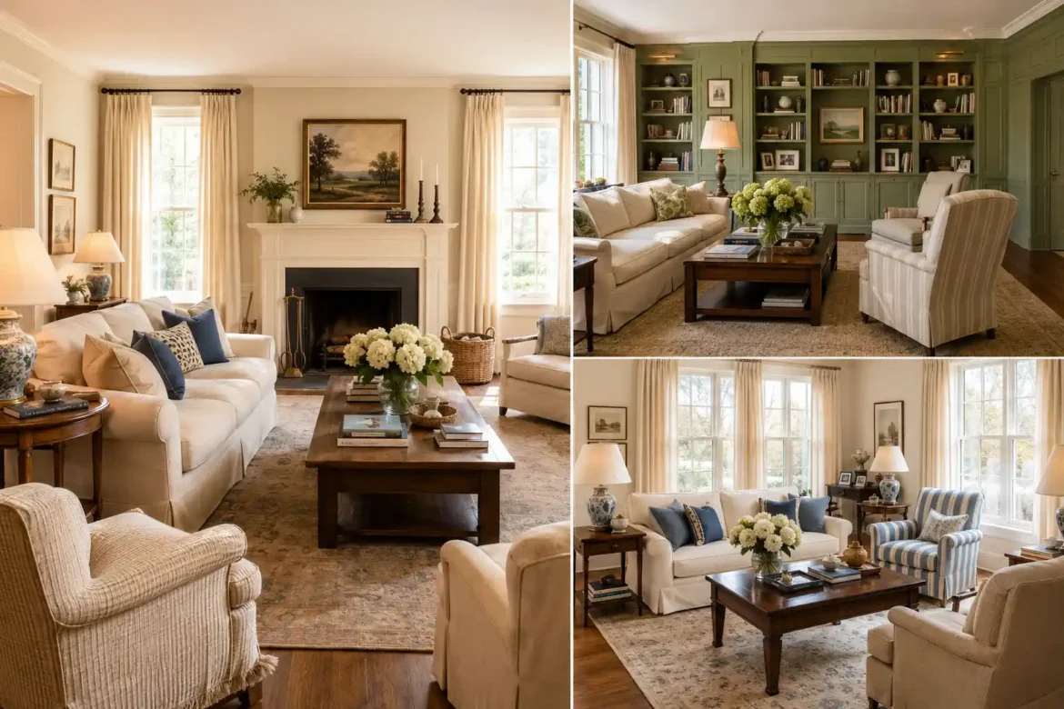Nancy Meyers living room ideas shown in a three image collage featuring elegant cream sofas, classic fireplaces, sage green built in bookshelves, striped armchairs, navy blue accents, dark wood coffee tables, traditional rugs, ceramic lamps, tall windows, ivory curtains, fresh flowers, and polished collected decor.