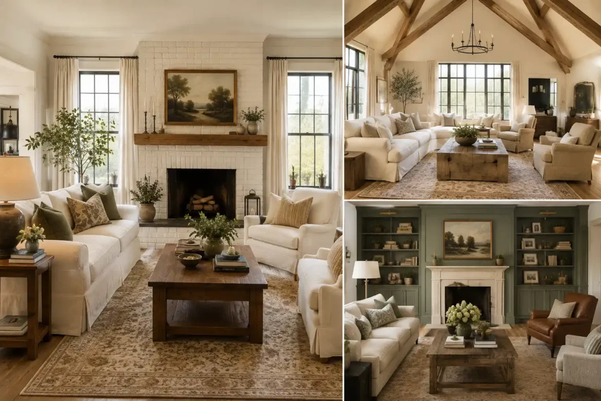 Joanna Gaines living room ideas featuring warm neutral sofas, white brick fireplaces, exposed wood ceiling beams, rustic coffee tables, vintage patterned rugs, built in shelving, soft cream curtains, black framed windows, and timeless collected farmhouse decor.