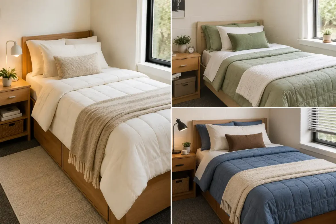 Dorm bedding ideas featured image showing three stylish college dorm beds in a modern photo grid, including warm white neutral bedding, soft sage green quilted bedding, and dusty blue bedding with layered pillows, textured throws, light wood bed frames, and practical bedside furniture.
