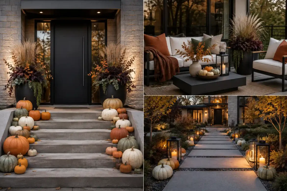 outdoor fall decor ideas featuring three sophisticated seasonal exterior ideas, including a contemporary front entrance with layered orange, cream, sage, and terracotta pumpkins, oversized autumn planters, a cozy patio with warm cushions and seasonal foliage, and a lantern lined walkway leading toward a modern home.