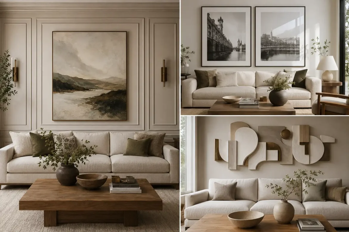 Sophisticated living room wall decor ideas shown in a three image collage featuring elegant picture frame molding with oversized landscape artwork and brass sconces, large black and white framed photography above a cream sofa, and dimensional sculptural wall art with layered geometric forms in a refined neutral living room.