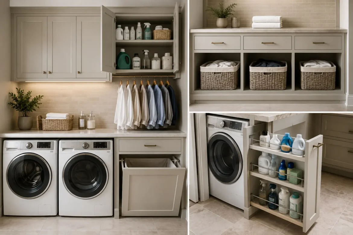 Modern laundry room organization ideas shown in a three image collage featuring front loading washer and dryer machines, upper cabinet storage, a clothes hanging rail, built in laundry hamper, basket cubbies, folding countertops, and a slim pull out cabinet filled with organized laundry supplies.