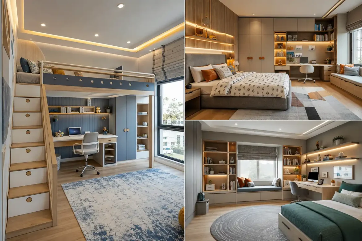 Kids room renovation ideas featured in a modern three image bedroom collage with a space saving loft bed and study zone, built in storage, integrated desks, window seating, illuminated shelving, warm wood finishes, and practical layouts for stylish everyday living.