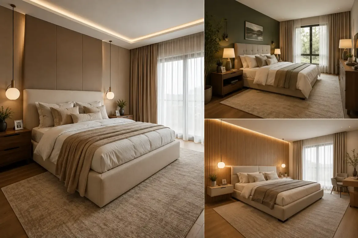 Modern adult bedroom ideas featured image showing three elegant bedroom designs with warm neutral color palettes, upholstered beds, layered cream and beige bedding, wood accent walls, deep green feature wall, pendant lighting, textured area rugs, floor length curtains, natural wood furniture, and sophisticated modern bedroom decor inspiration.
