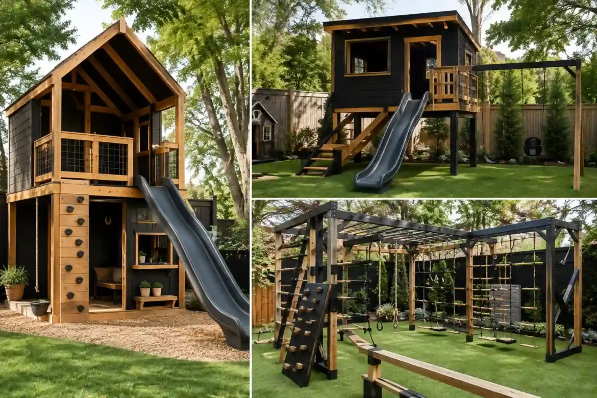 Modern DIY kids playground ideas featured image showing a three-panel backyard playground collage with a contemporary elevated wooden playhouse, warm natural wood and matte black framing, raised deck, climbing wall, wide dark gray slide, secure railings, wooden stairs, and lower play area in the left panel; a stylish black and natural wood raised playhouse with slide, ladder, balcony, swing, and landscaped green lawn in the upper right panel; and a large modern DIY kids ninja obstacle course with monkey bars, climbing walls, rope nets, hanging rings, balance equipment, swings, and black structural framing in the lower right panel, surrounded by mature trees and landscaped residential backyards.