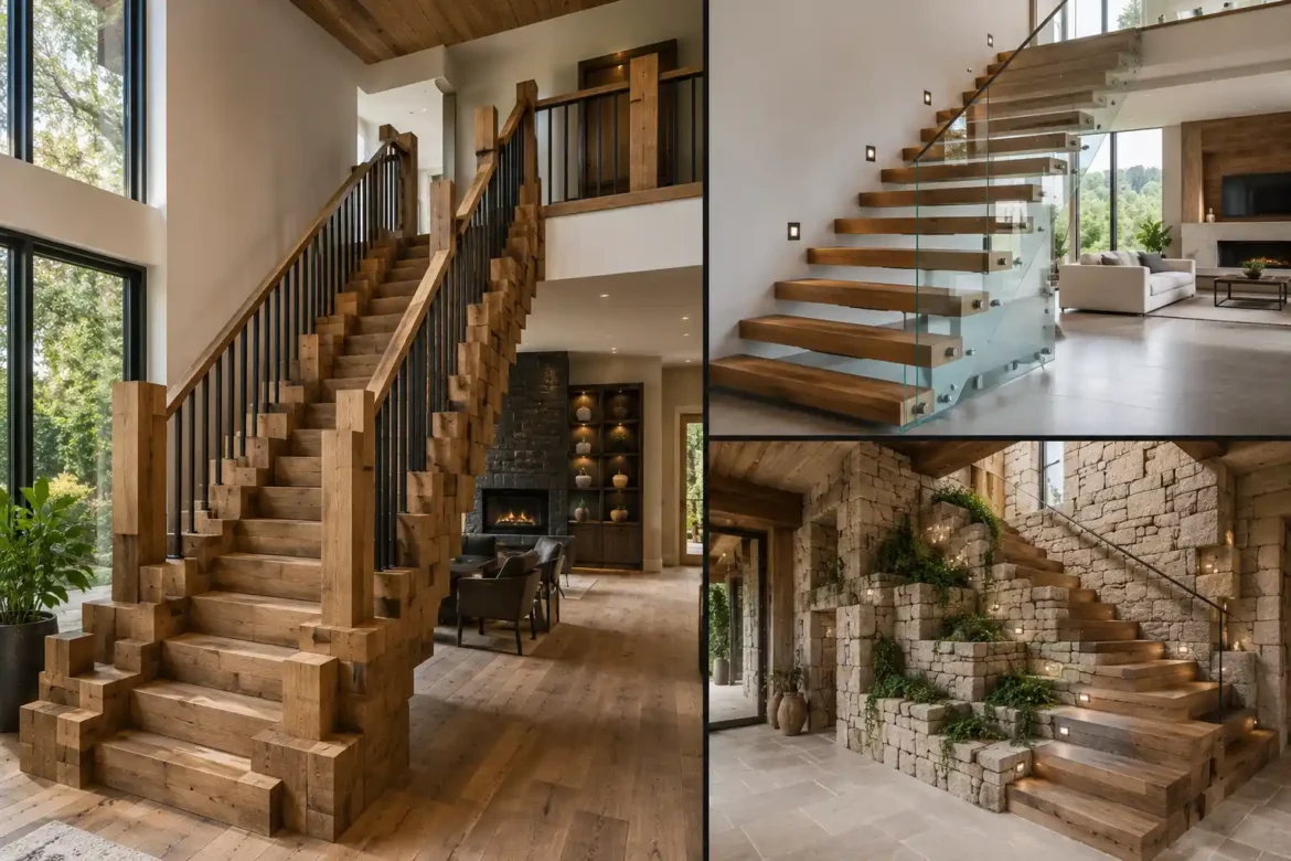 Modern Minecraft Staircase Ideas collage featuring three realistic real home staircase designs, including a chunky natural oak staircase with oversized square timber posts and black metal railings, a floating oak staircase with clear glass railing and warm wood treads, and a dramatic stone staircase with layered masonry blocks, timber steps, greenery, warm lighting, contemporary architecture, and large windows.