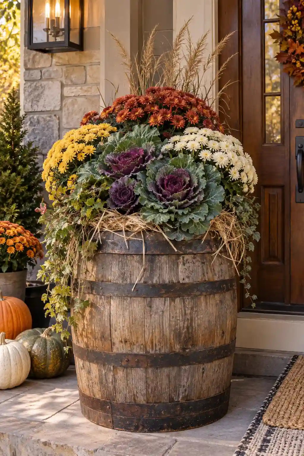 Rustic whiskey barrel fall planter filled with ornamental cabbage, colorful chrysanthemums, and natural straw on a cozy front porch.
