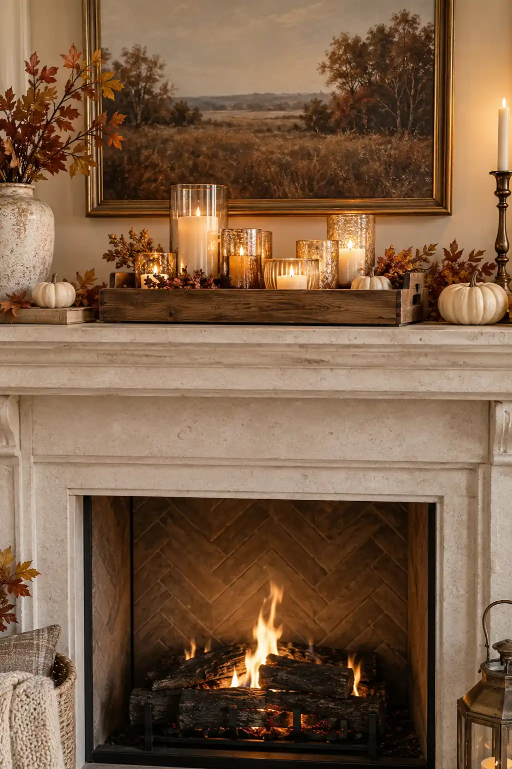 Fall fireplace mantel decorated with a natural wood tray filled with mixed candle votives, cream pumpkins, and subtle autumn accents for a warm and cozy look.