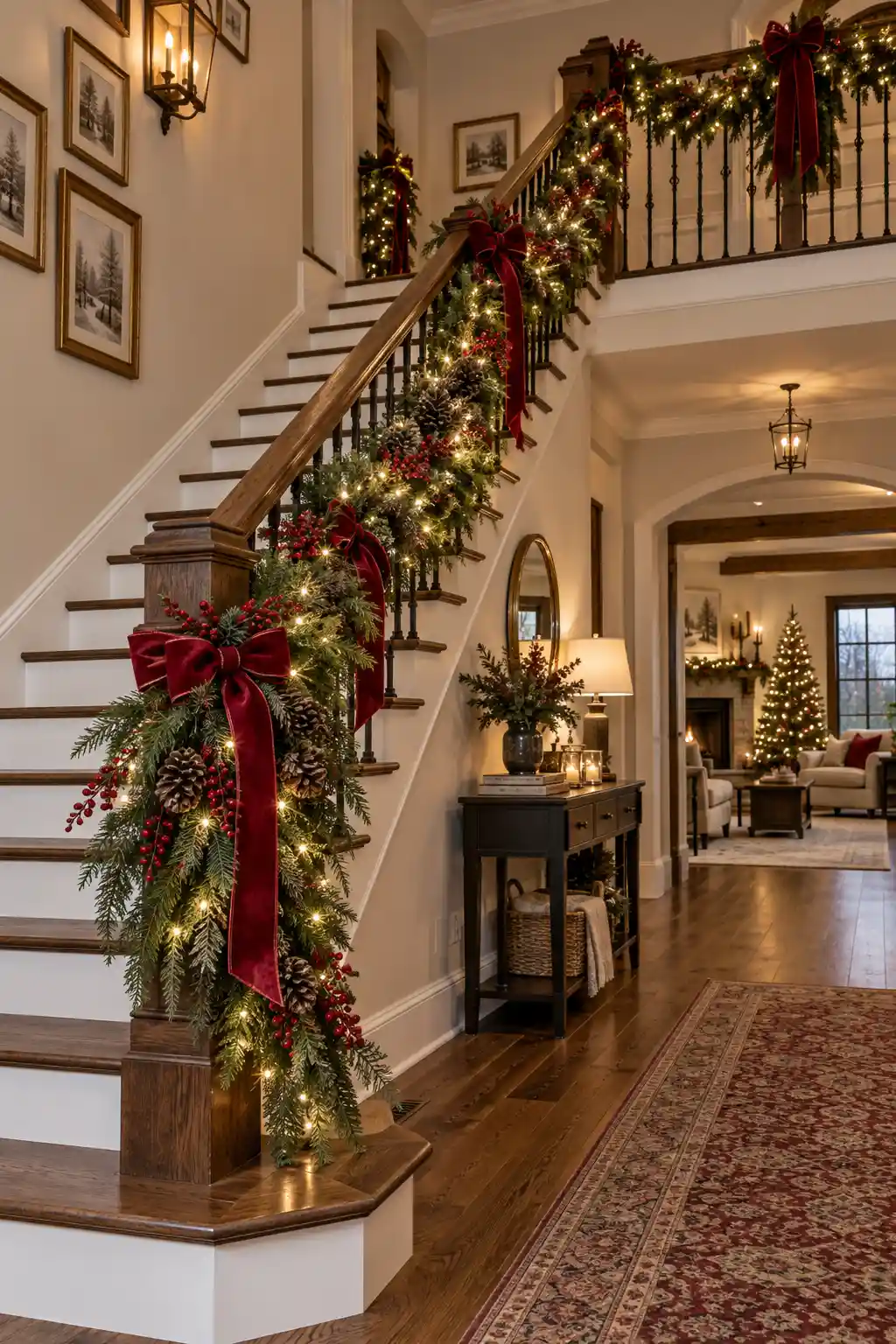 Christmas staircase decorated with lush evergreen garland, warm white fairy lights, deep red velvet ribbon, pinecones, and berry sprigs wrapped along the banister in a cozy traditional home.