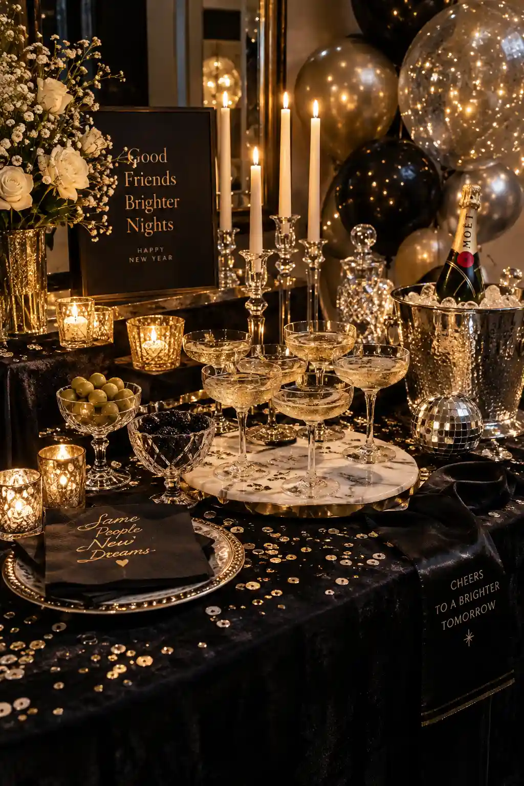 New Year's Eve party decorated with multiple mirrored disco balls hanging at different heights, silver streamers, chrome accents, and sparkling dance-floor lighting for a retro celebration.