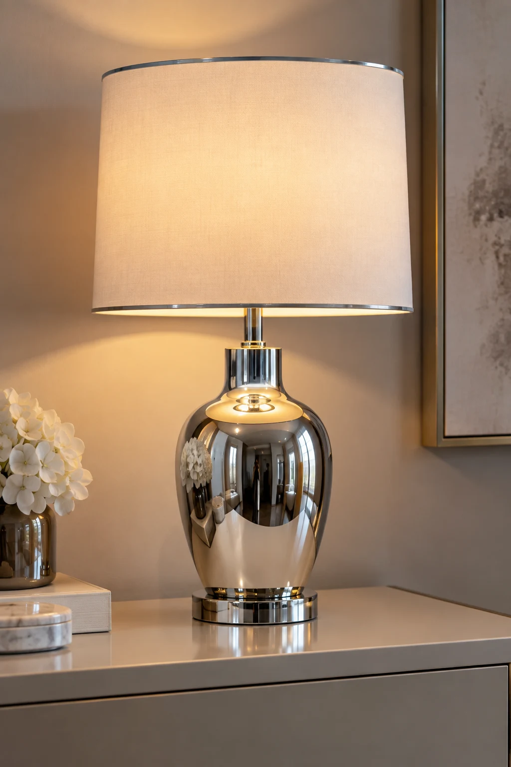 Polished chrome table lamp with a sleek modern base styled on a minimalist nightstand, creating a refined reflective glow in a contemporary interior.
