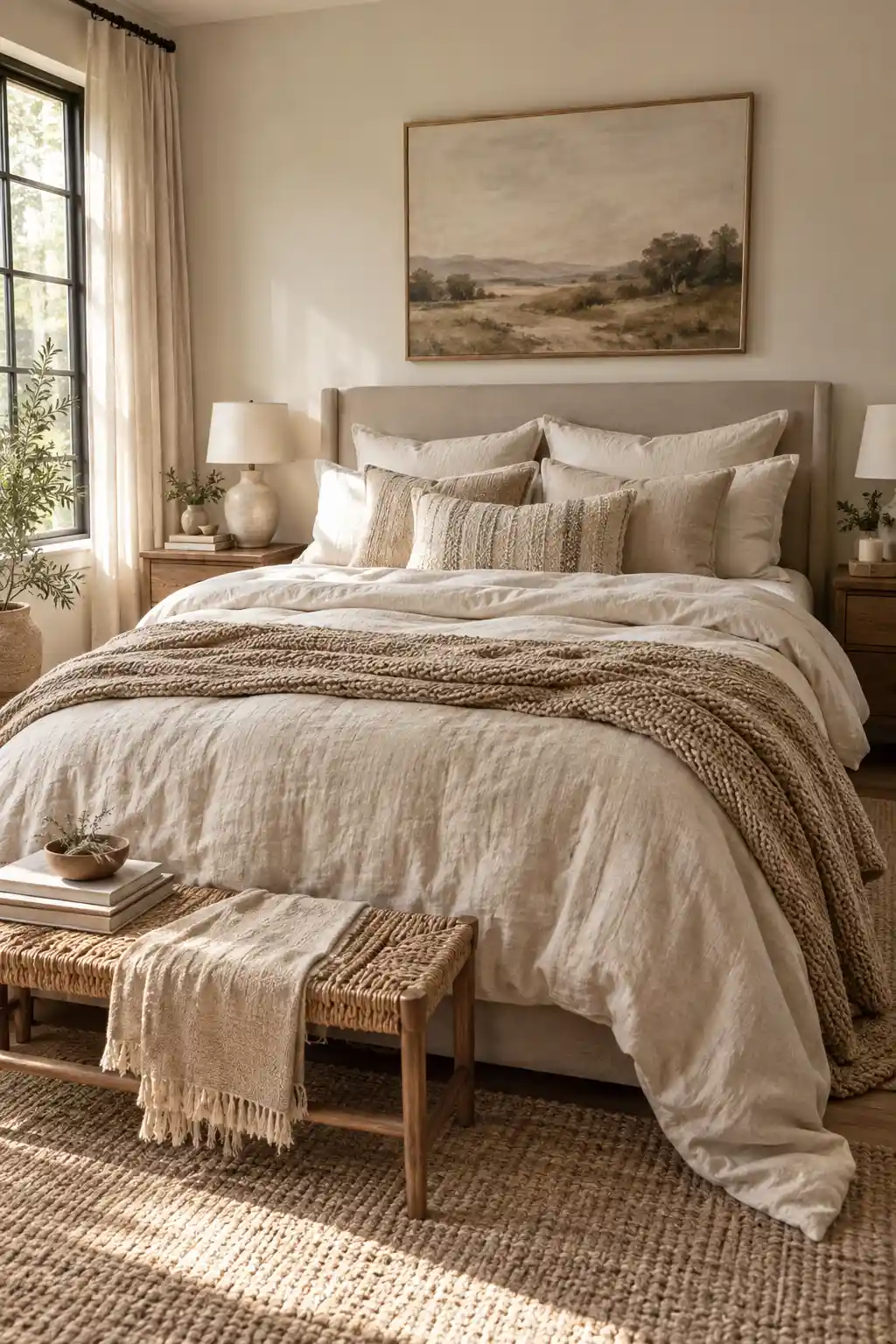 Dreamy bedroom featuring layered ivory linen bedding, a chunky knitted throw, plush neutral pillows, and soft natural textures for a cozy and relaxed look.