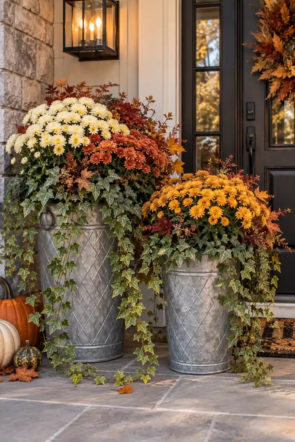 Faux galvanized porch planters filled with blooming autumn mums and mature trailing ivy for a full and cozy fall entryway.