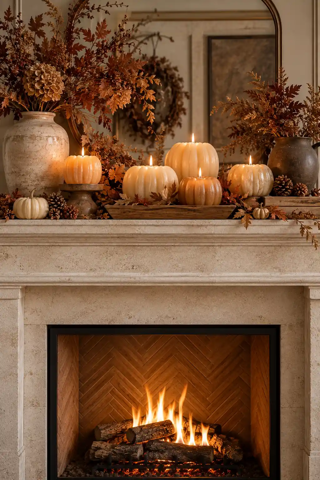 Fall fireplace mantel decorated with realistic cream wax pumpkin candles, warm glowing lights, dried foliage, neutral pumpkins, and natural autumn accents.