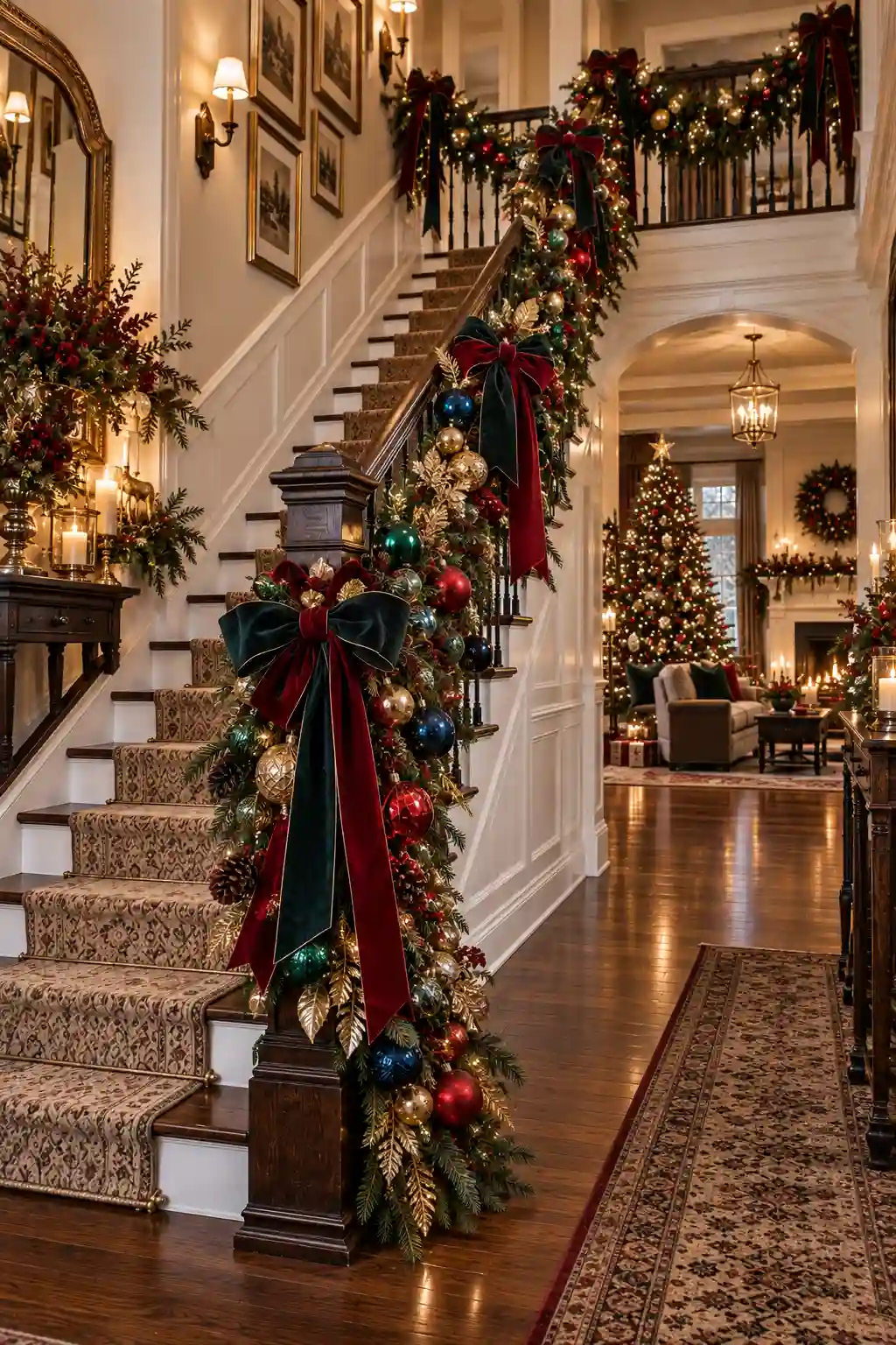 Glamorous Christmas staircase decorated with deep green garland, emerald, ruby, and sapphire ornaments, luxurious velvet ribbon, gold accents, and warm festive lights.
