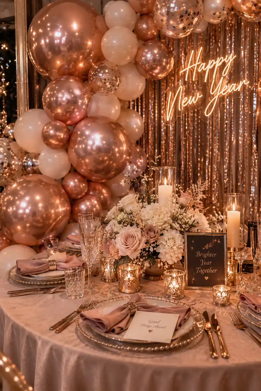 Bold black and silver New Year's Eve decoration featuring a charcoal backdrop, crisp white countdown typography, silver accents, metallic details, and candlelight.