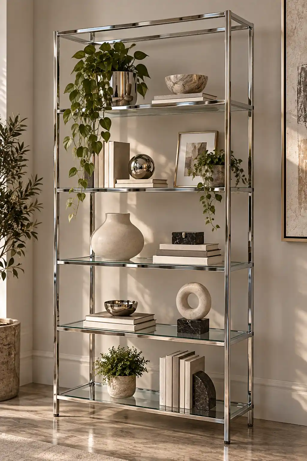 Open chrome-frame shelving unit styled with books, decorative objects, ceramics, and greenery, creating a light modern industrial-chic display.