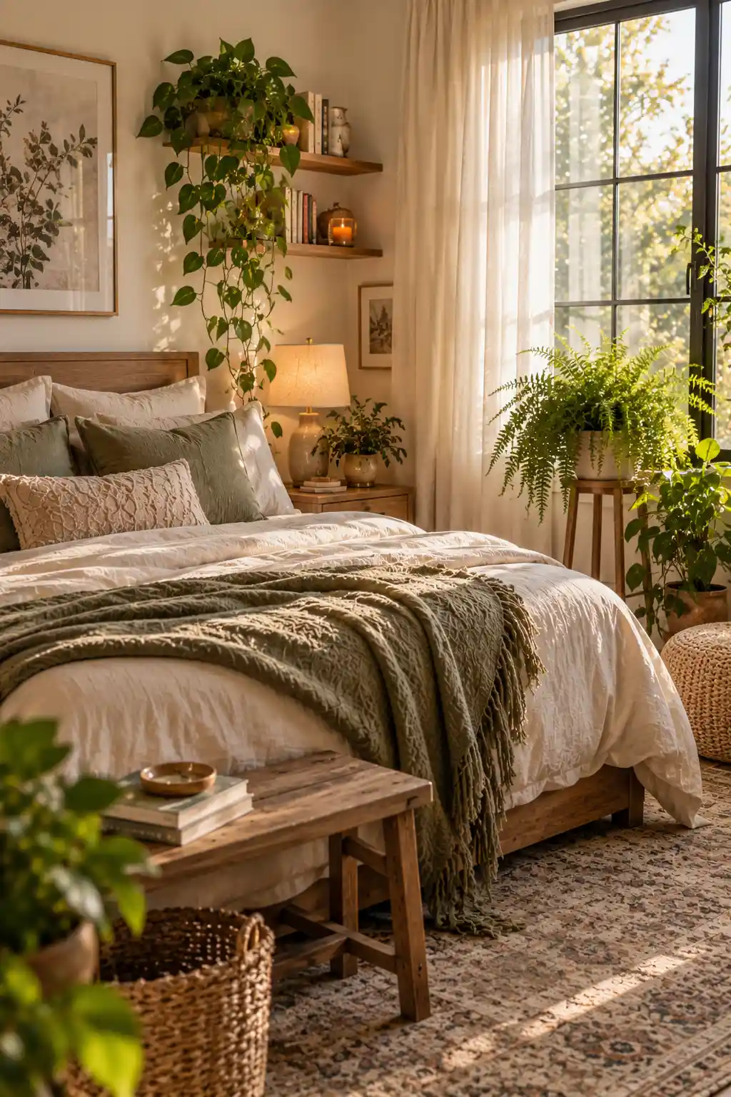 Dreamy bedroom decorated with trailing pothos and delicate fern plants near a window, surrounded by soft linen bedding, natural wood, and neutral decor.