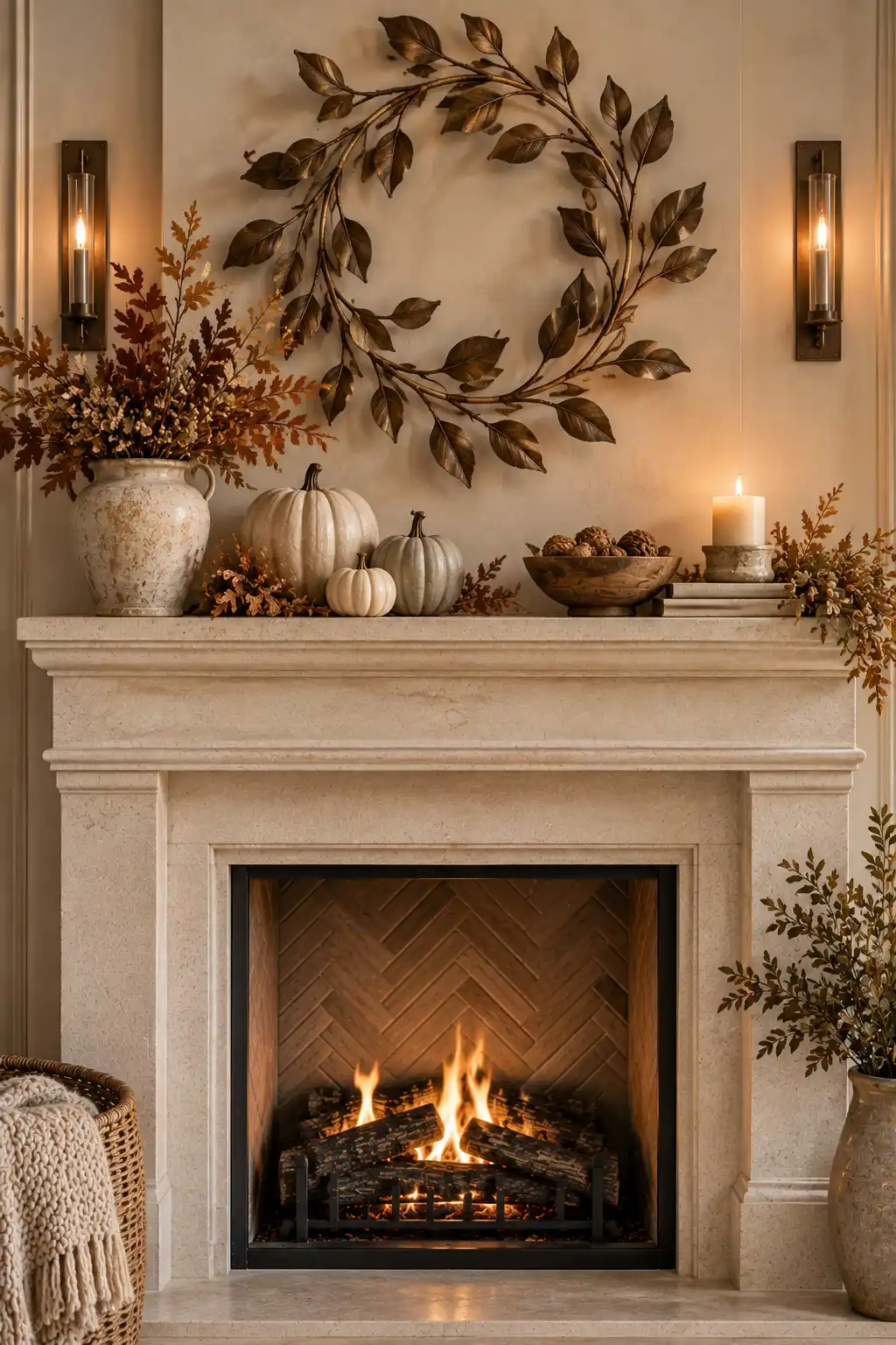 Modern fall fireplace mantel featuring a sculptural iron leaf wreath with neutral stoneware pumpkins, dried botanicals, and contemporary autumn accents.