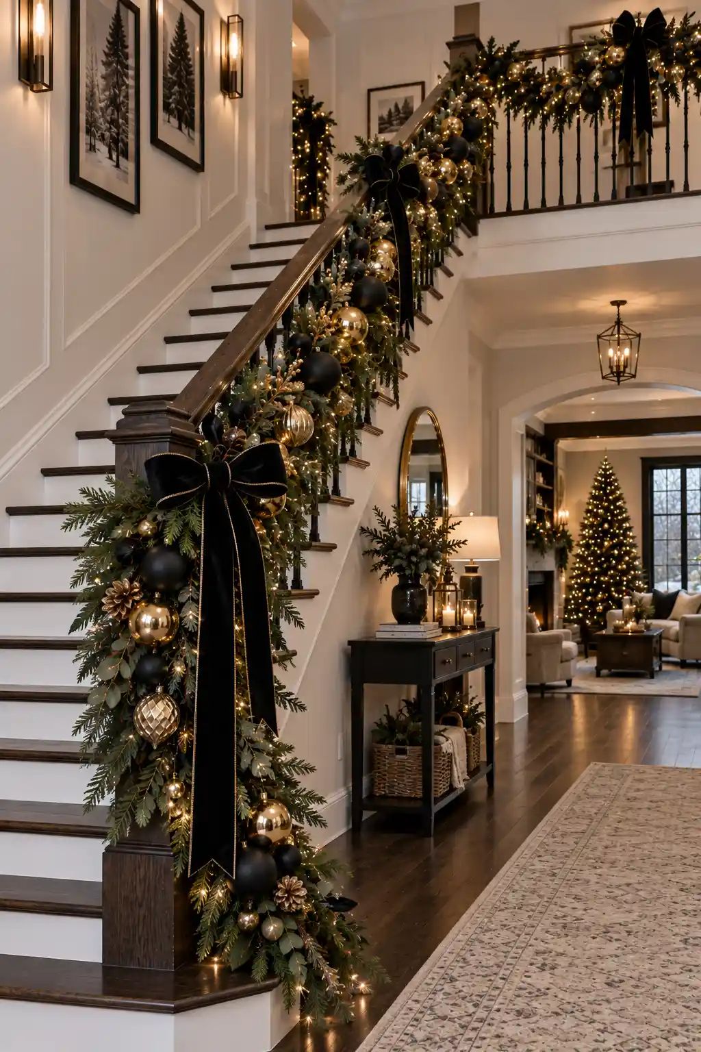 Modern Christmas staircase decorated with deep evergreen garland, matte black ornaments, dark ribbon, polished gold baubles, and warm white lights for a sophisticated contemporary look.
