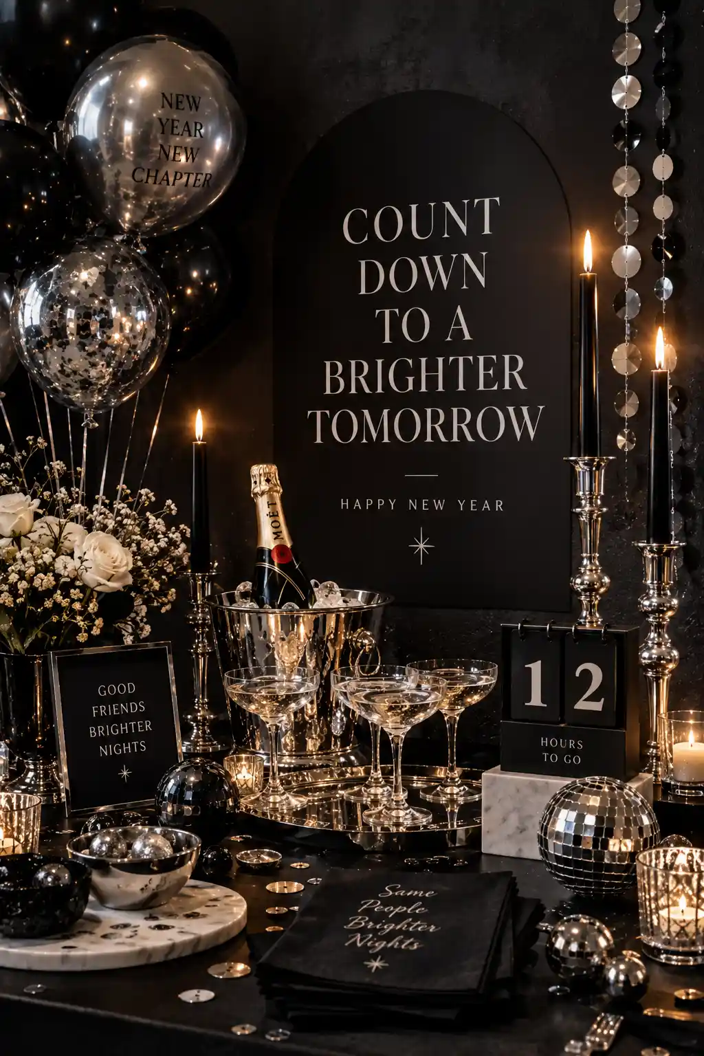 Luxury New Year's Eve tablescape styled with a rich jewel-tone velvet runner, brushed-gold accessories, elegant candles, refined glassware, and sophisticated table decorations.