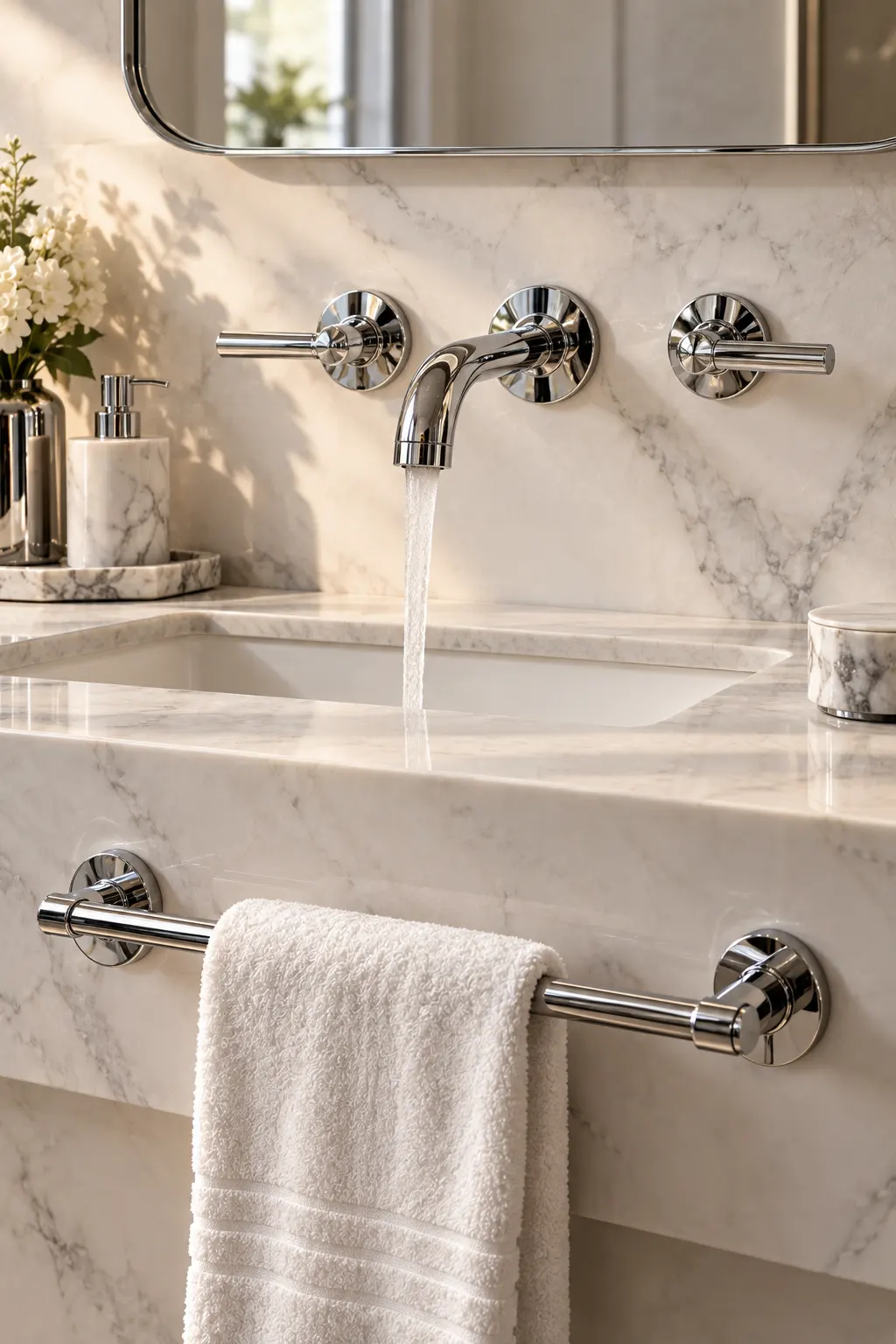 Polished chrome bathroom faucet, handles, shower hardware, and towel bar paired with clean neutral surfaces for a bright spa-inspired bathroom look.