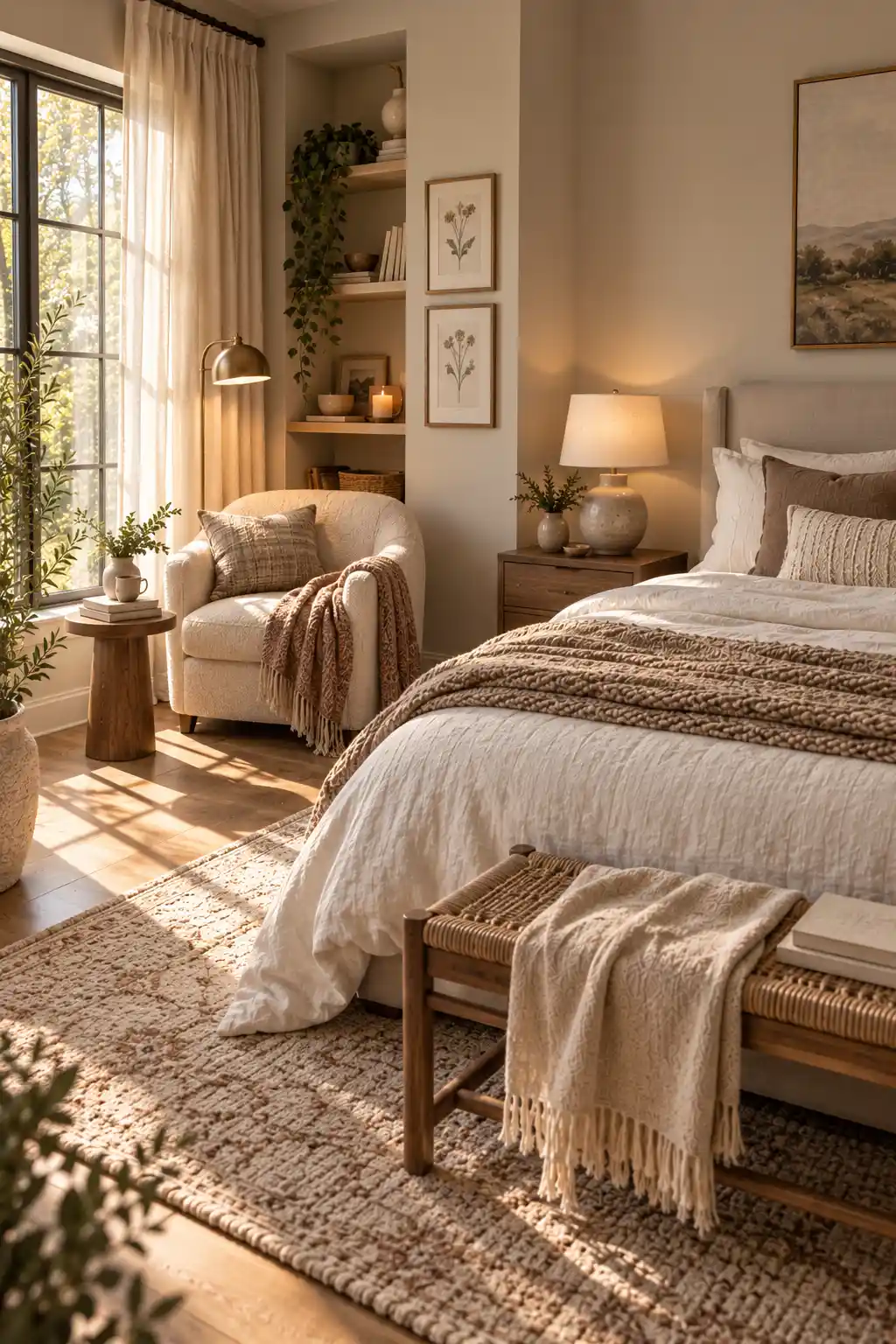 Cozy bedroom reading nook beside a bright window with a comfortable upholstered chair, soft throw blanket, small side table, and stack of books.