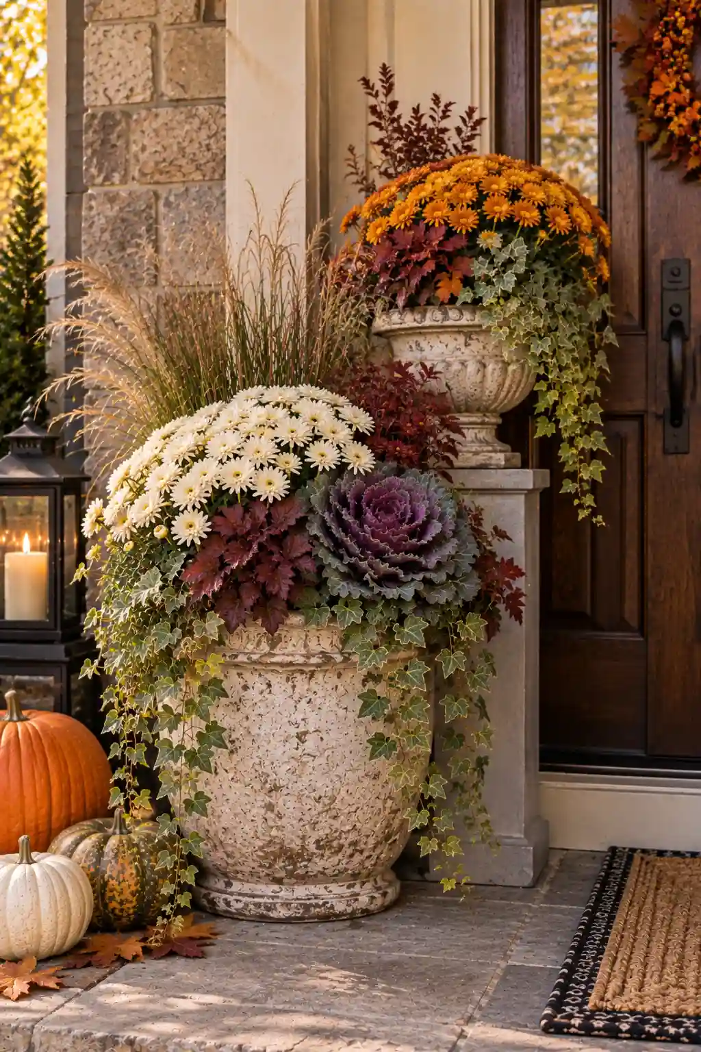 Layered fall porch container arrangement with smaller elevated pots beside a larger planter filled with mums, ornamental cabbage, and trailing ivy.