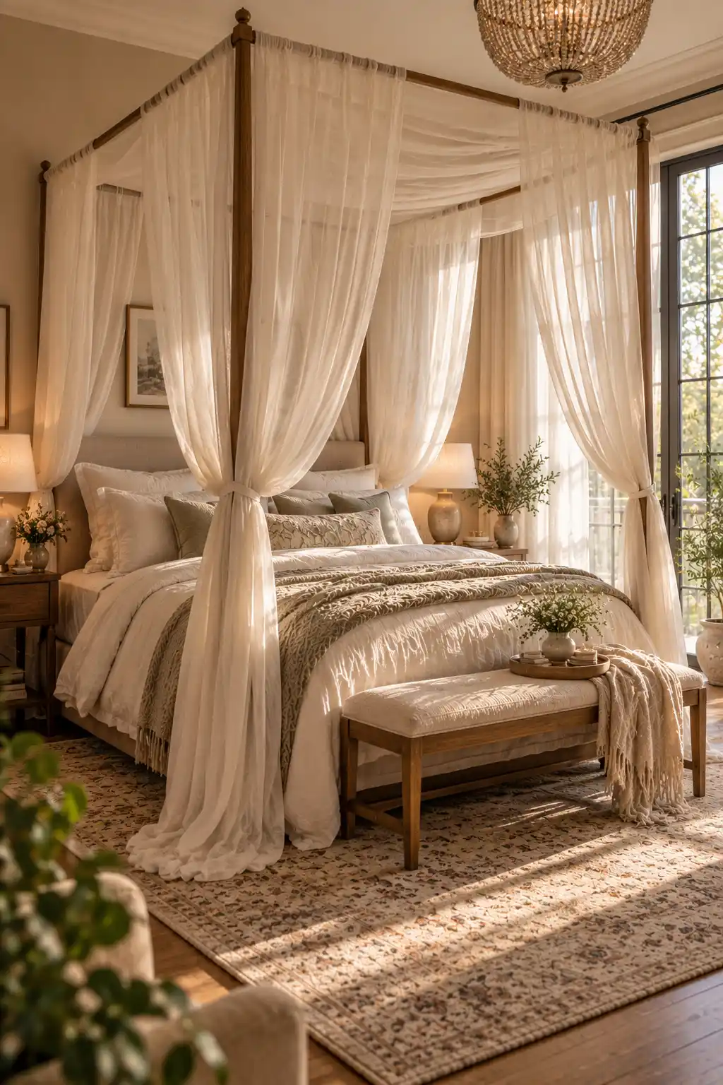 Dreamy bedroom featuring an elegant canopy bed draped with sheer ivory fabric, layered neutral bedding, soft pillows, and gentle natural light.