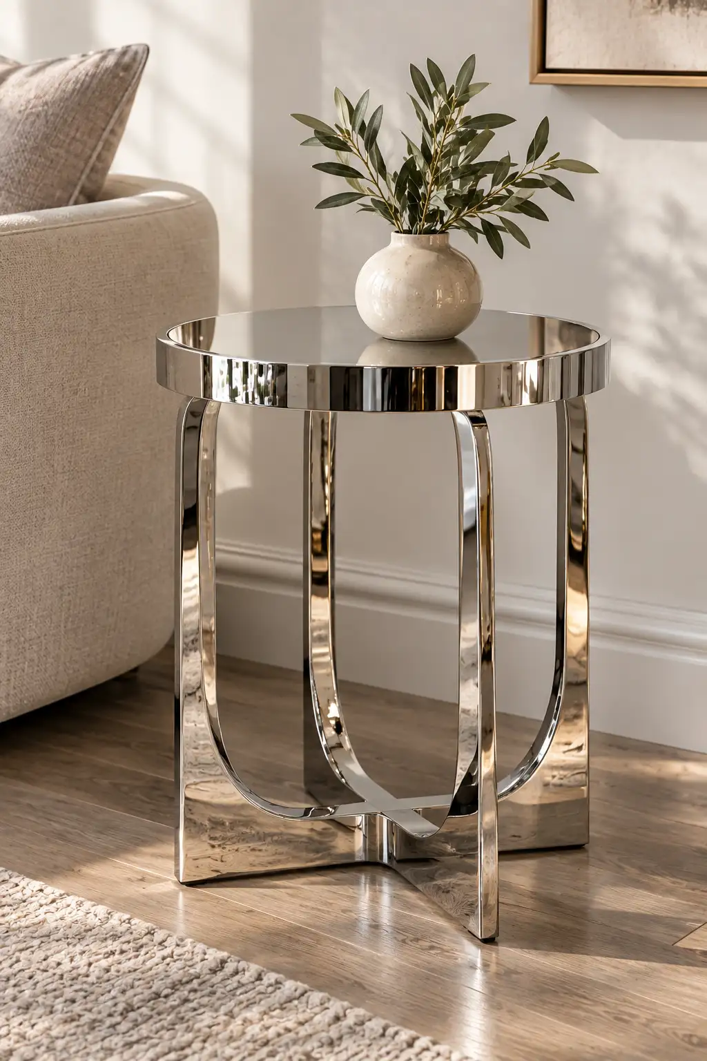 Small contemporary side table with a reflective polished chrome finish positioned beside modern seating, adding a sleek metallic accent to the space.