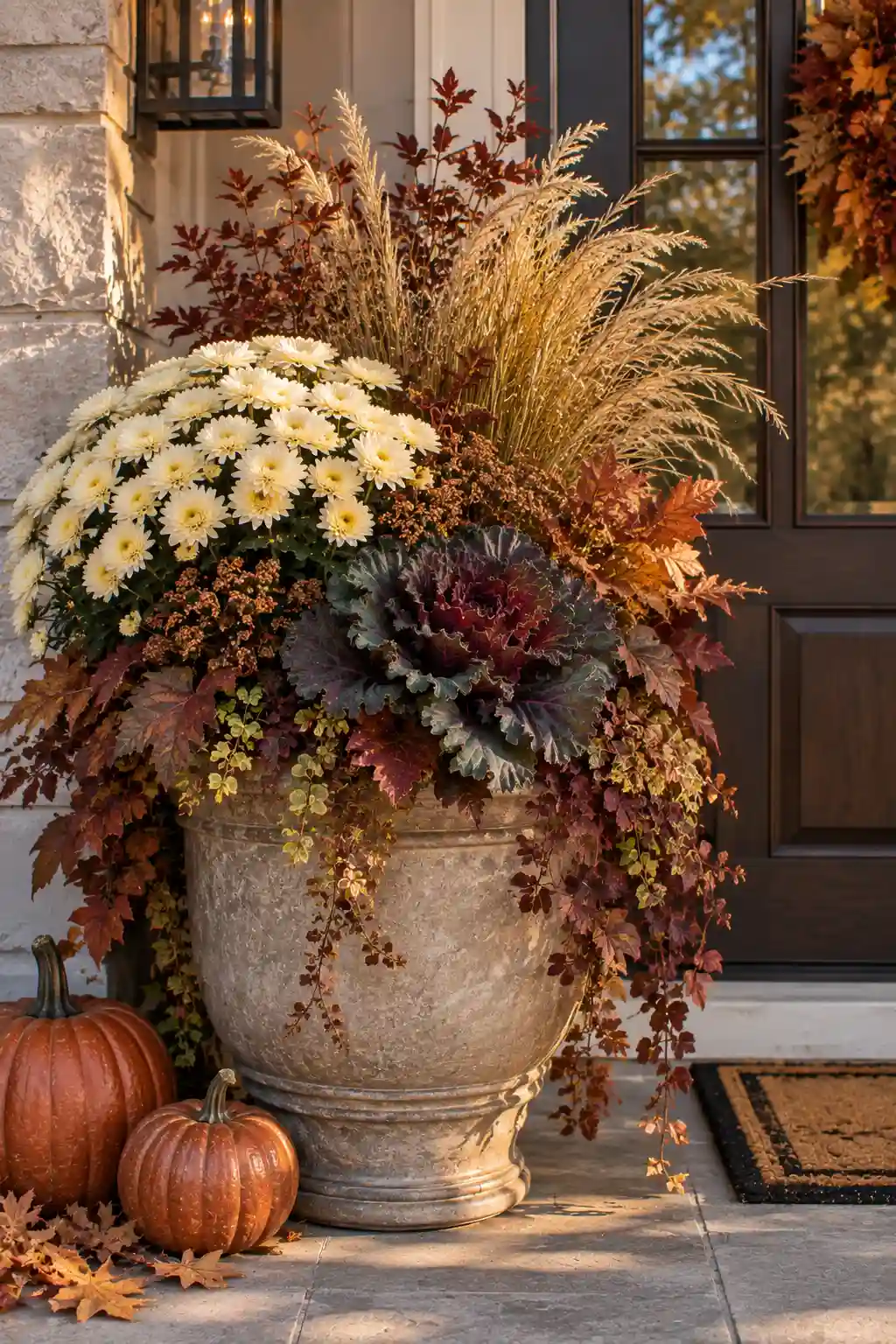 Elegant fall porch planter styled with cream mums, burgundy foliage, golden grasses, and rust-colored autumn accents.
