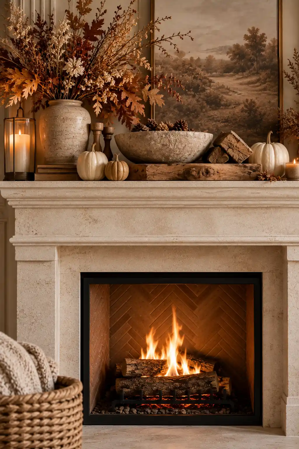 Organic fall fireplace mantel decorated with natural wood pieces, a stone bowl, small firewood logs, ceramic pumpkins, and dried autumn foliage.