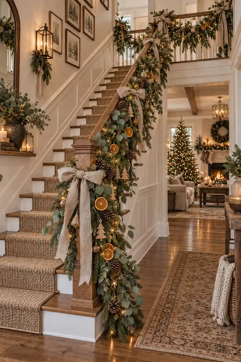 Natural Christmas staircase decorated with eucalyptus and pine greenery, linen ribbon, wooden ornaments, pinecones, dried orange slices, and subtle warm fairy lights.