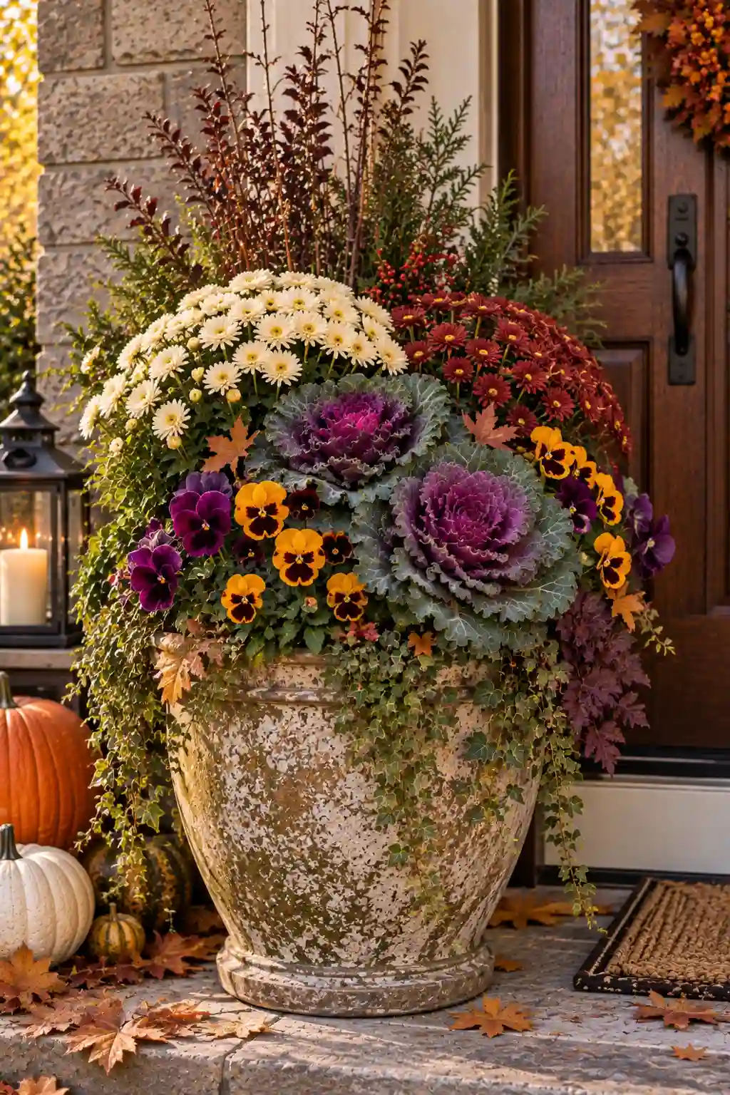 Late-fall porch planter filled with cold-hardy ornamental cabbage, purple pansies, cream chrysanthemums, and hardy seasonal foliage.