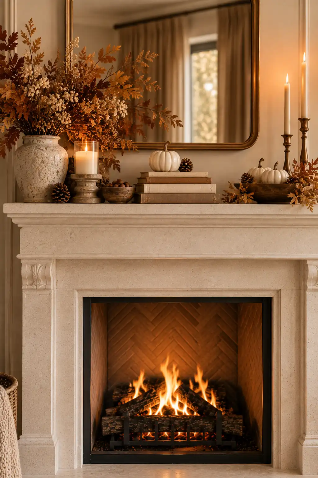 Fall fireplace mantel styled with stacked neutral books topped by a small cream pumpkin, alongside dried flowers, pinecones, candles, and natural wood accents.