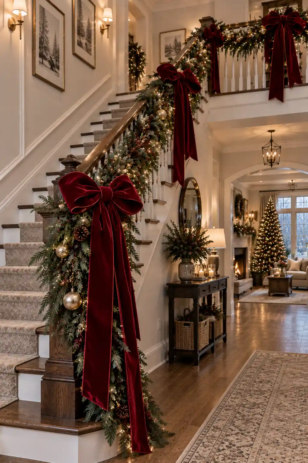 Dramatic Christmas staircase decorated with lush evergreen garland, oversized burgundy velvet bows, long flowing ribbon tails, subtle gold ornaments, and warm Christmas lights.