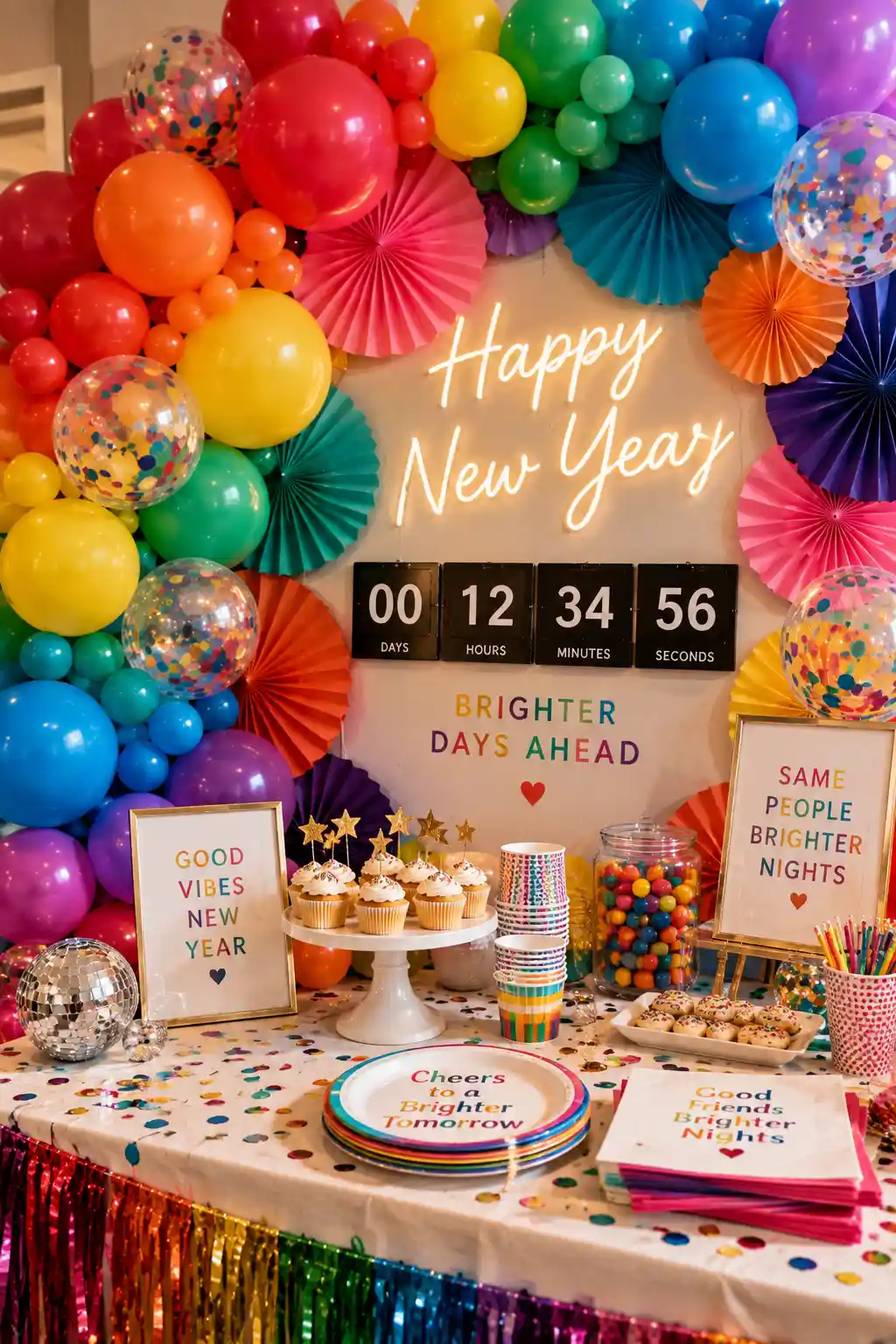 Festive New Year's Eve photo booth with a metallic silver and champagne fringe backdrop, glitter party props, feather boas, masks, hats, and sparkling decorations.