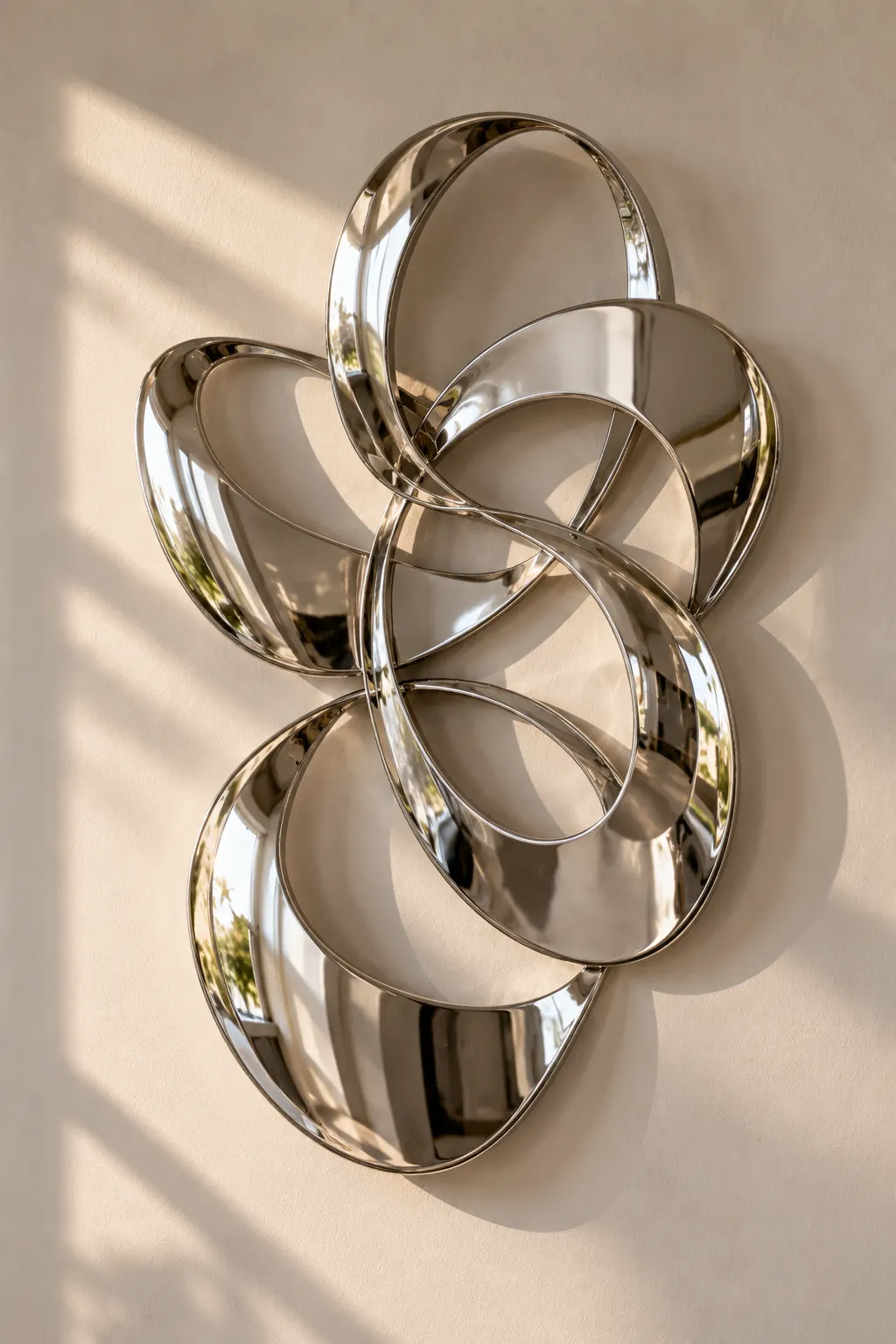 Abstract three-dimensional chrome wall sculpture with curved metallic forms mounted against a neutral wall, creating a bold contemporary focal point.