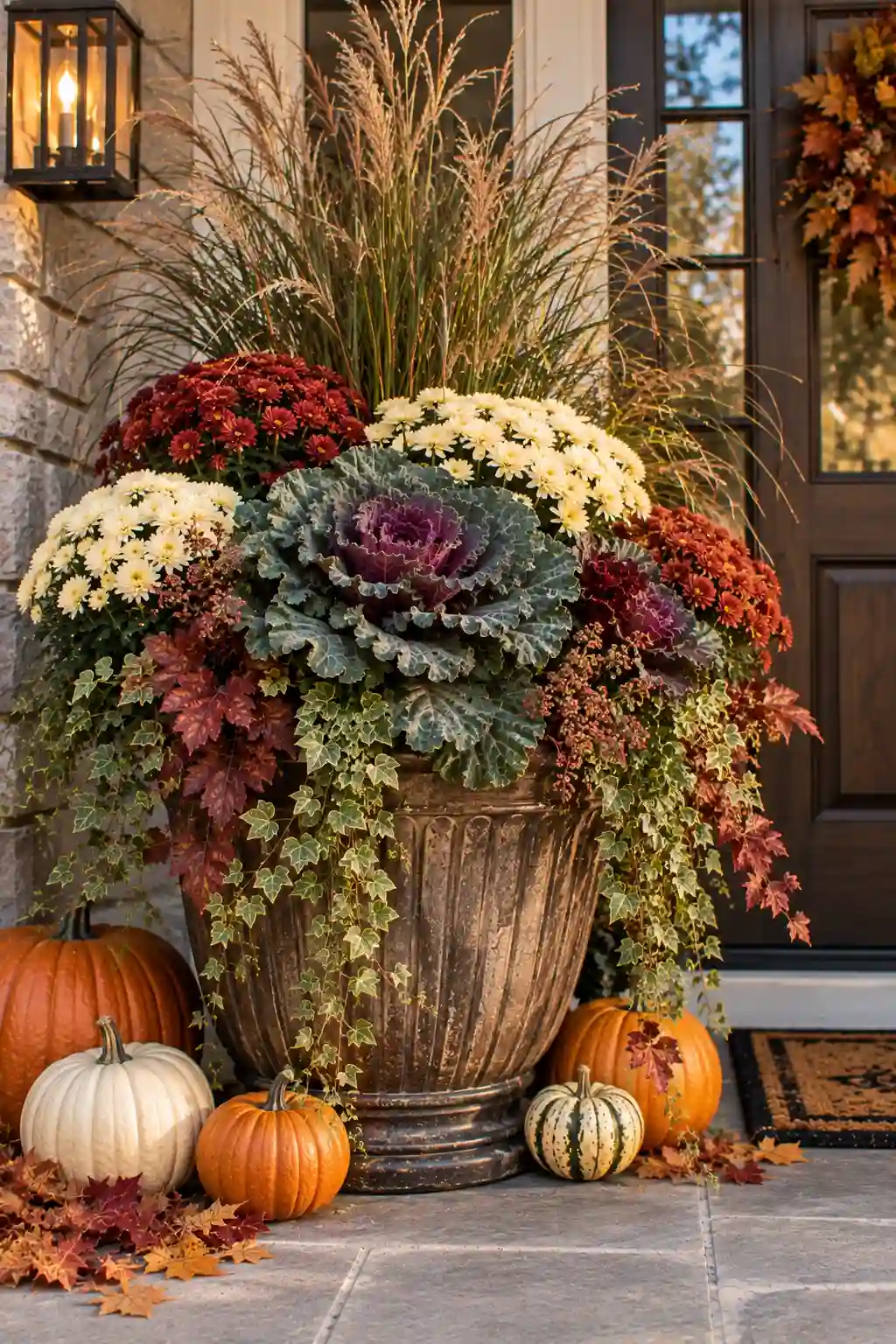 Textured fall container combining fine ornamental grasses, ruffled ornamental cabbage, chrysanthemums, and smooth pumpkins.