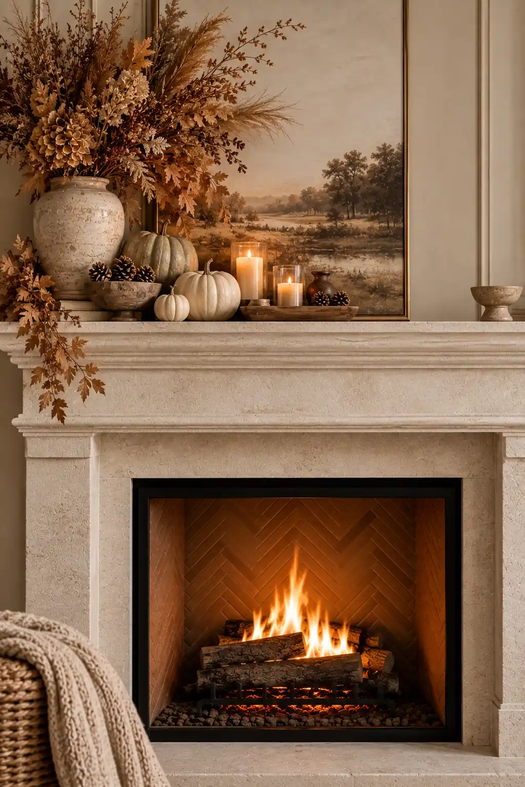 Designer-inspired fall fireplace mantel with an asymmetrical off-center arrangement of dried golden grasses, neutral pumpkins, candles, wood accents, and a stone bowl.
